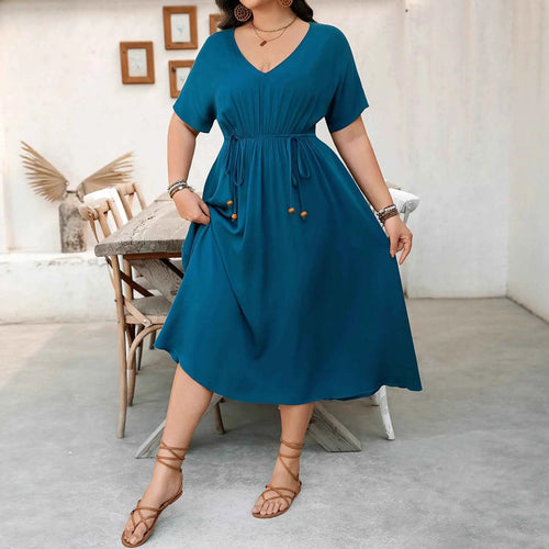 Plus Size Women Clothing Elegant V neck Short Sleeve Waist Controlled Slimming Dress