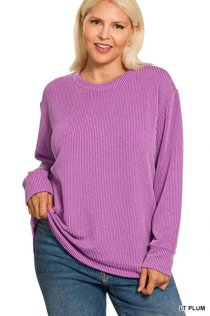Zenana Full Size Raised Rib Round Neck Long Sleeve Top Plus Size