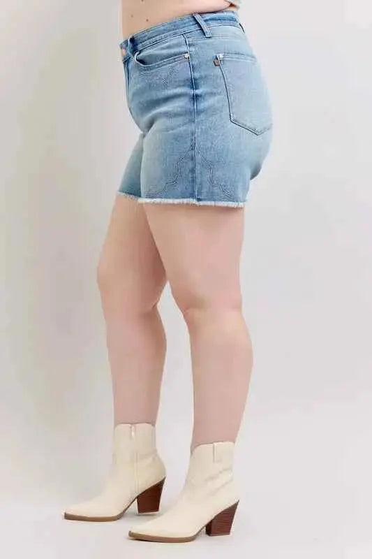 Judy Blue Plus Size High Waist Western Embroidery Detail Cut Off Denim Shorts