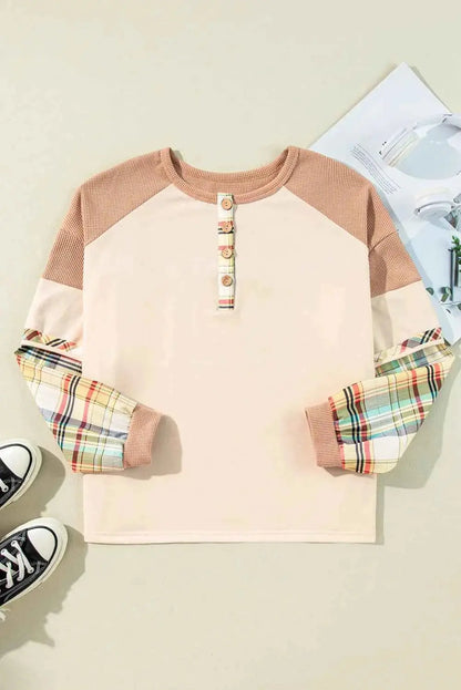 Plus Size Waffle-Knit Detail Plaid Round Neck Top