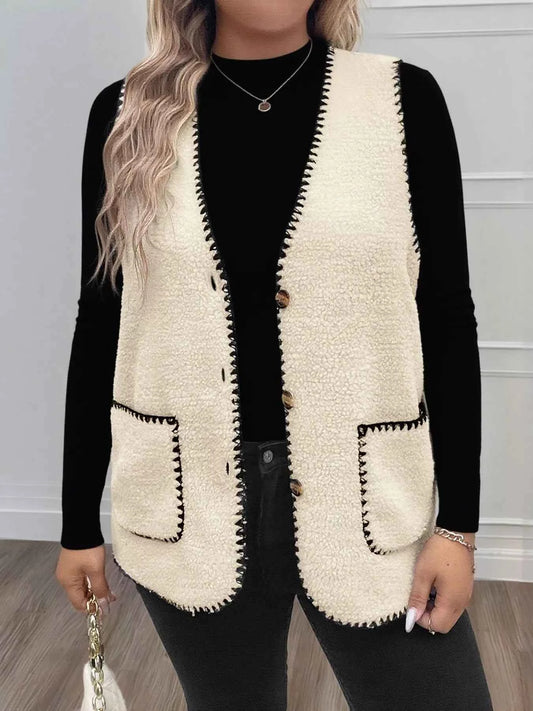 Plus Size Contrast Trim Button Up Vest Coat