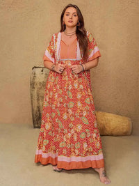 Plus Size Printed Tie Neck Flutter Sleeve Maxi Dress