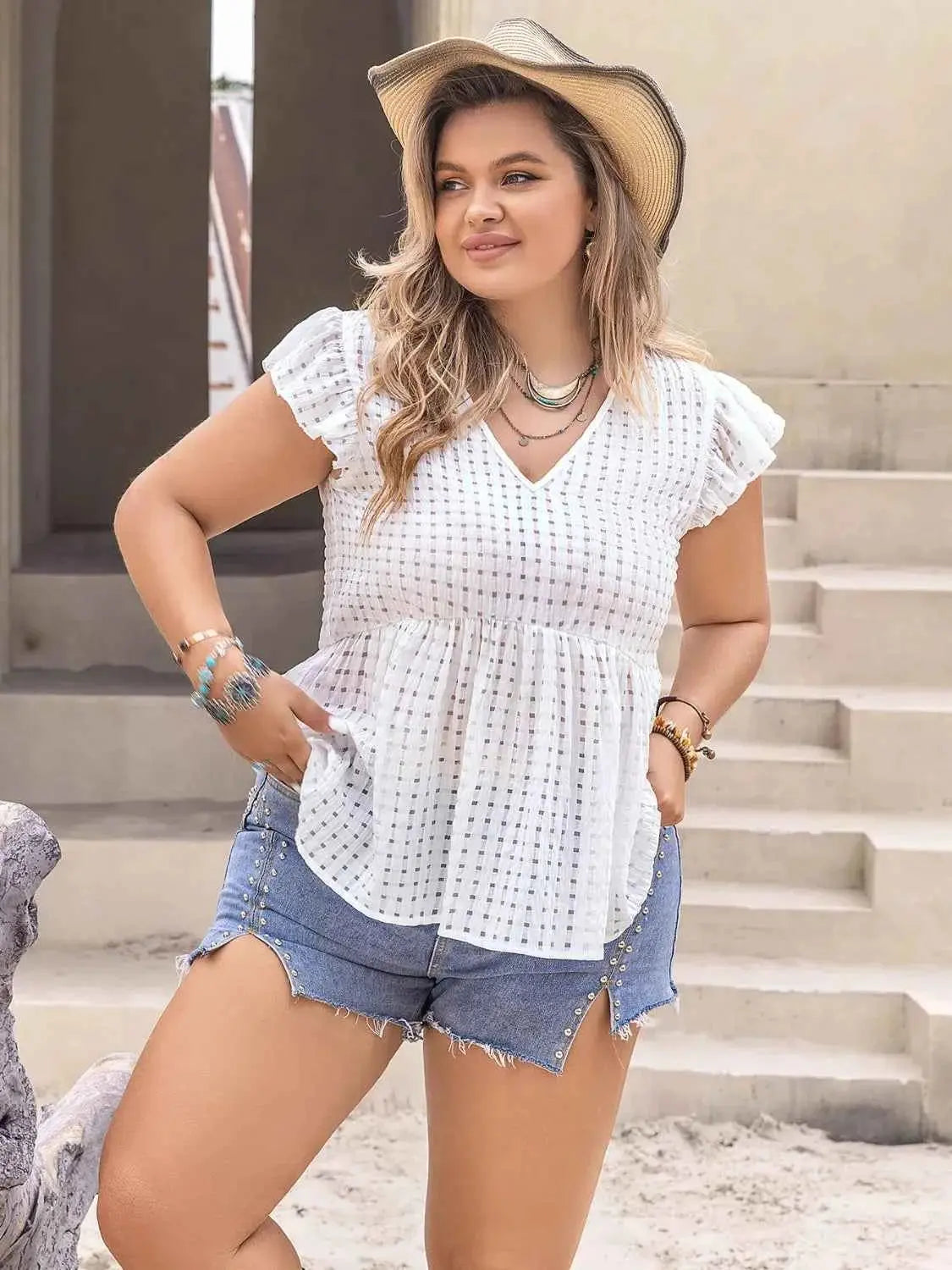 Plus Size V-Neck Cap Sleeve Blouse