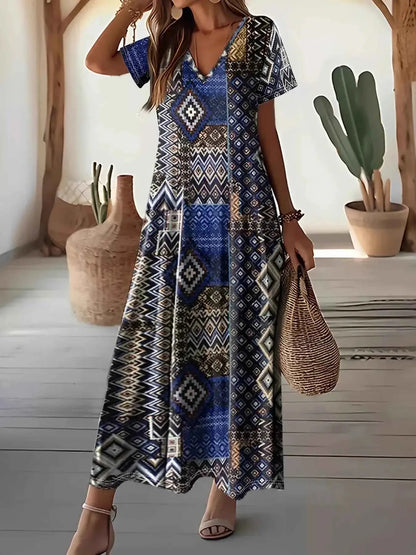 Plus Size Geometric Print V-Neck Short Sleeve Dress
