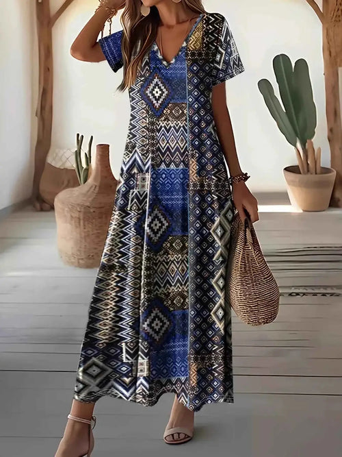 Plus Size Geometric Print V-Neck Short Sleeve Dress
