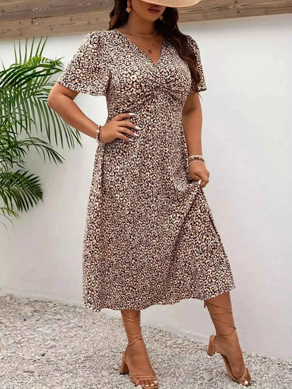 Plus Size Printed V-Neck Short Sleeve Midi Dress