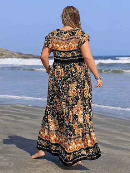 Plus Size Printed V-Neck Ruffle Cap Sleeve Maxi Dress