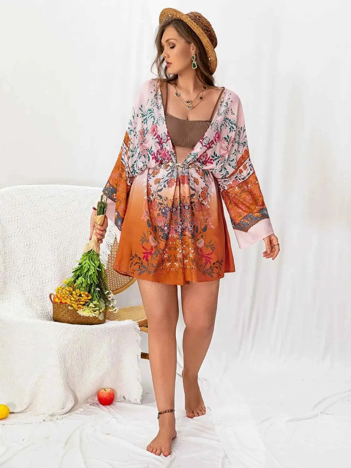 Plus Size Tied Open Front Printed Cover Up