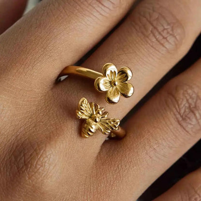 18K Gold-Plated Flower Bee Open Ring
