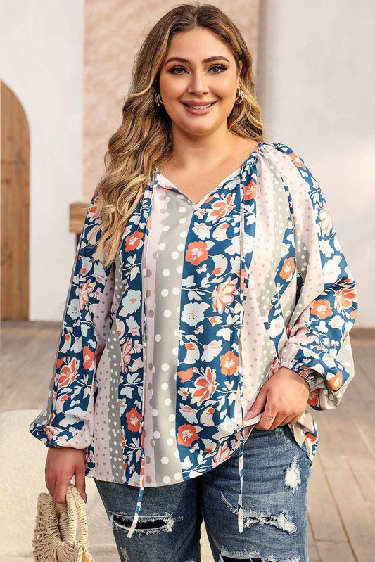 Plus Size Floral Tie Neck Blouse