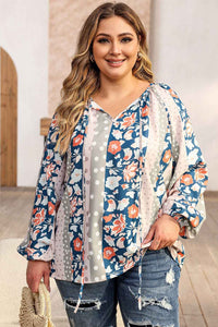 Plus Size Floral Tie Neck Blouse