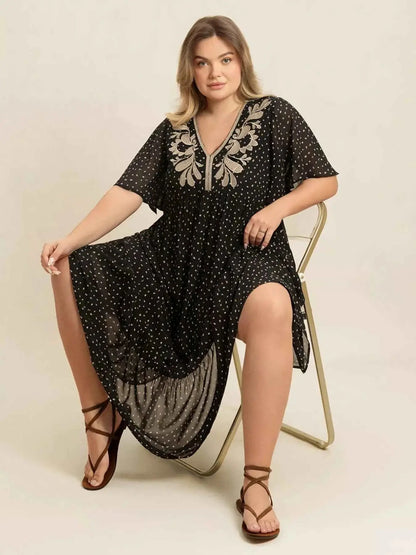 Plus Size Printed V-Neck Flutter Sleeve Maxi Dress