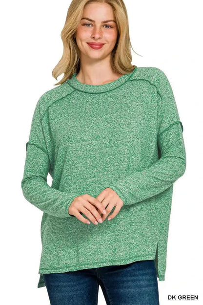 Zenana Full Size Melange Hacci Exposed Seam Hi-low Tee Plus Size