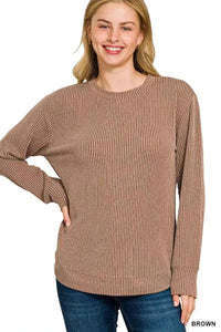 Full Size Plus Size Long Sleeve Top with Raised Rib Round Neck