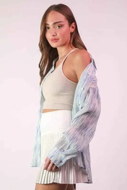 VERY J Plus Size Oversized Printed Button Up Shirt