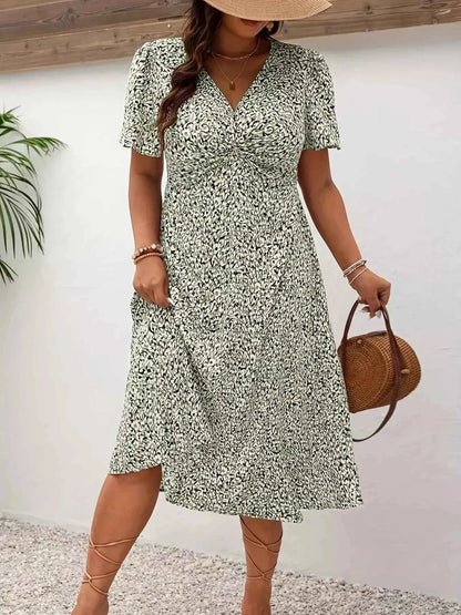 Plus Size Printed V-Neck Short Sleeve Midi Dress