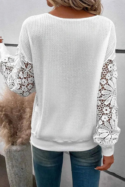 Plus Size Waffle-Knit Crochet V-Neck Blouse
