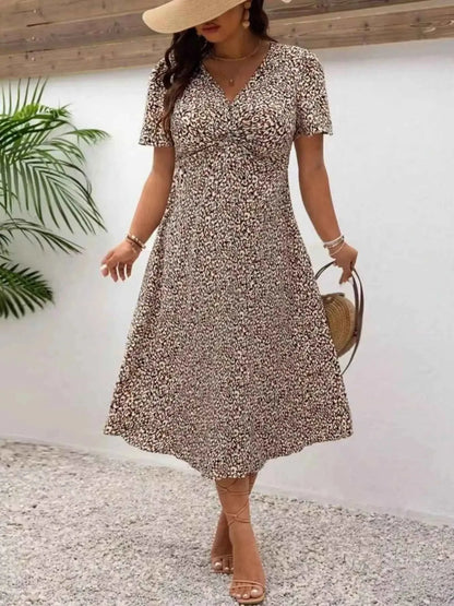 Plus Size Printed V-Neck Short Sleeve Midi Dress