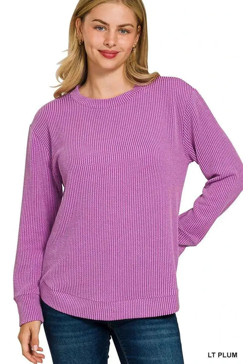 Zenana Full Size Raised Rib Round Neck Long Sleeve Top Plus Size
