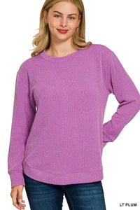 Plus Size Long Sleeve Top with Raised Rib and Round Neck for Stylish Comfort