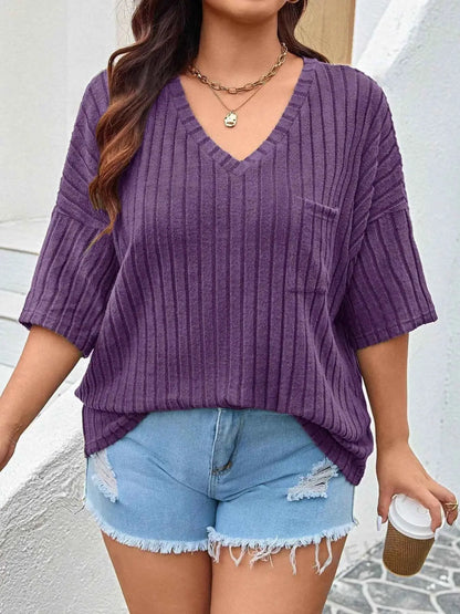 Plus Size V-Neck Ribbed Knit T-Shirt