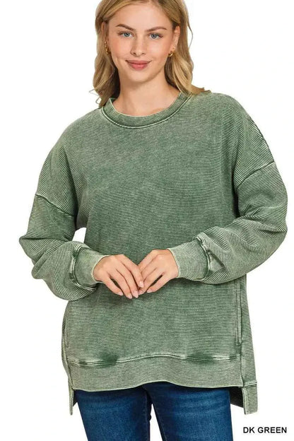 Zenana Full Size Acid Washed Double Ribbed Hi-low Sweatshirt Plus Size