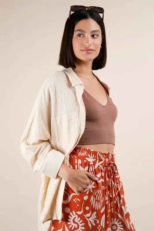 VERY J Plus Size Dolman Sleeve Button Down Gauze Shirt