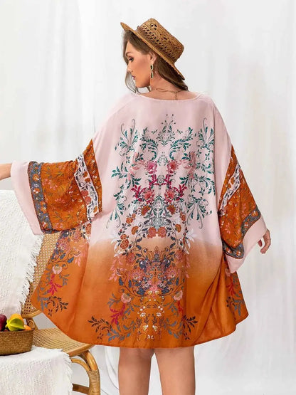 Plus Size Tied Open Front Printed Cover Up