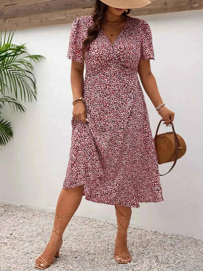 Plus Size Printed V-Neck Short Sleeve Midi Dress