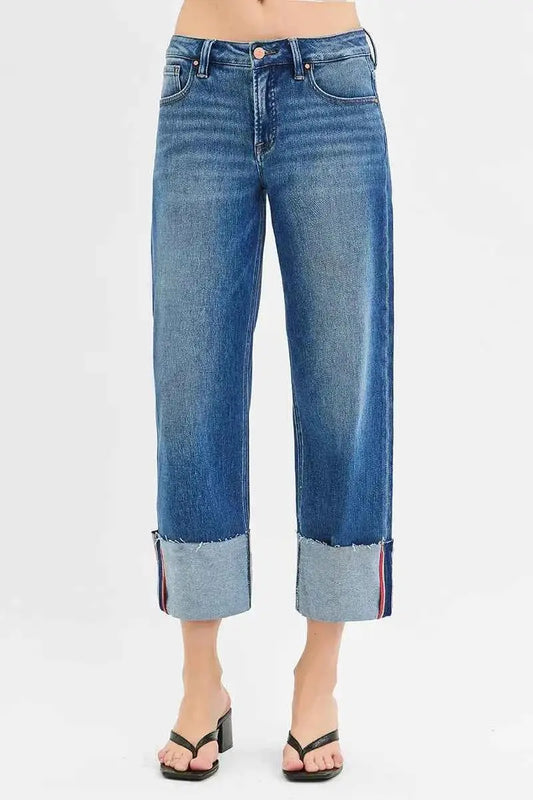 RISEN Full Size Tummy Control Mid Rise Crop Wide Cuffed Jeans Plus Size