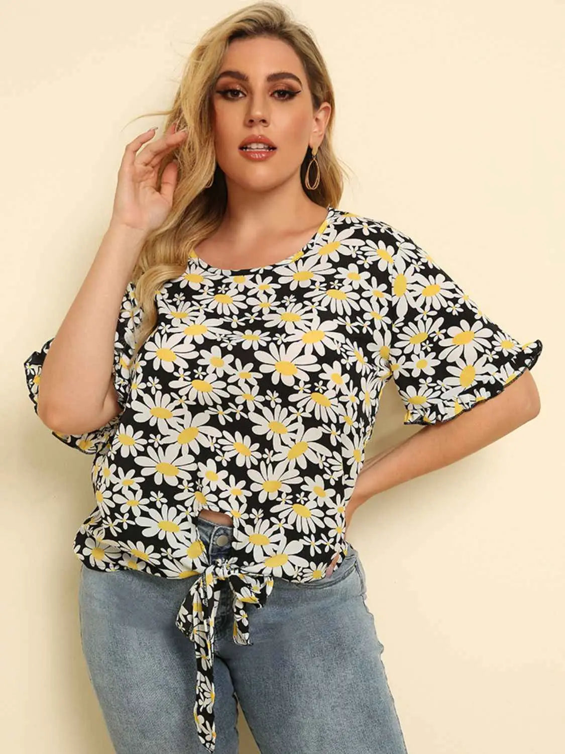 Plus Size Floral Round Neck Tie Hem Blouse