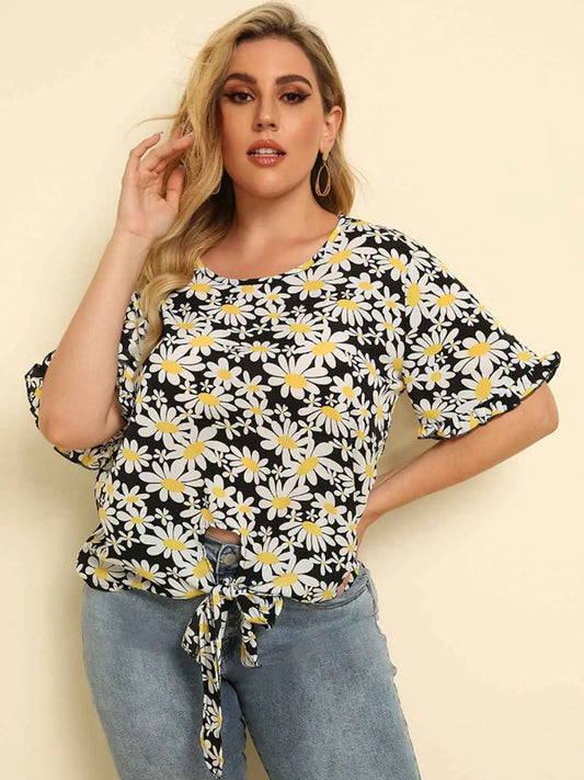 Plus Size Floral Round Neck Tie Hem Blouse