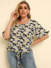 Plus Size Floral Round Neck Tie Hem Blouse