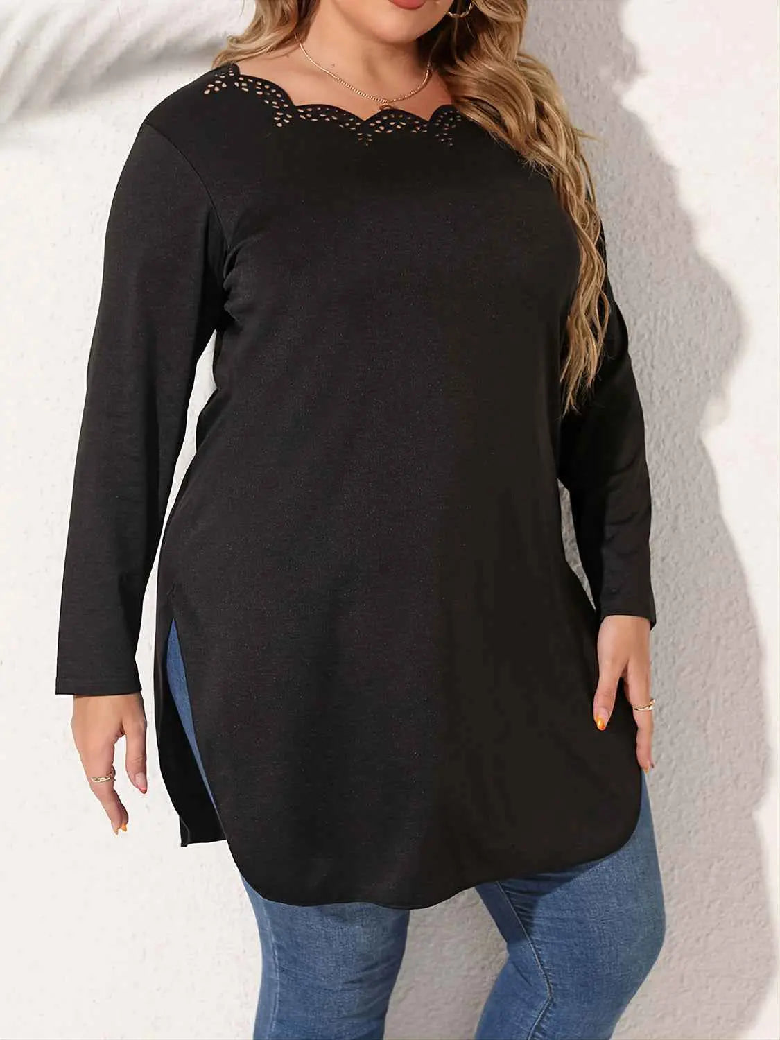 Plus Size Slit Long Sleeve T-Shirt