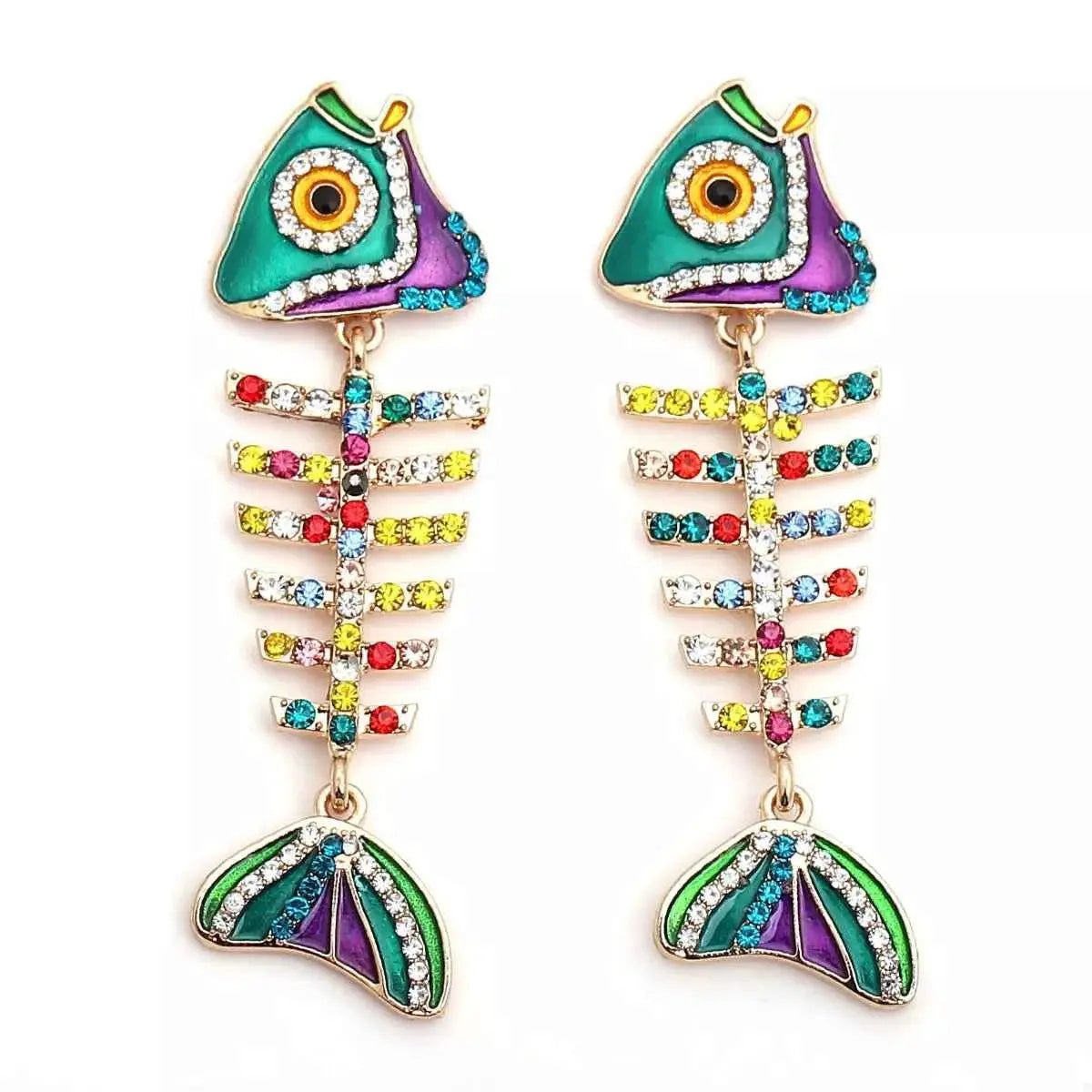 Rhinestone Colorful Fish Bone Statement Earrings
