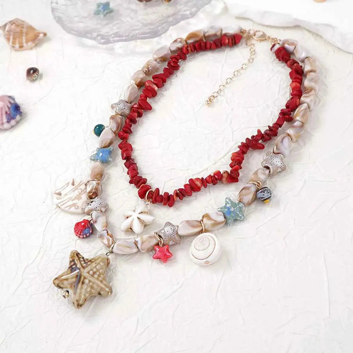 Boho Layered Multi-Strand Beach Shell Charm Necklace