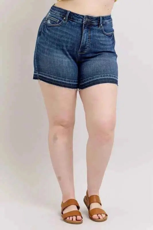 Judy Blue Plus Size HW Tummy Control Destroy Release Hem Denim Shorts