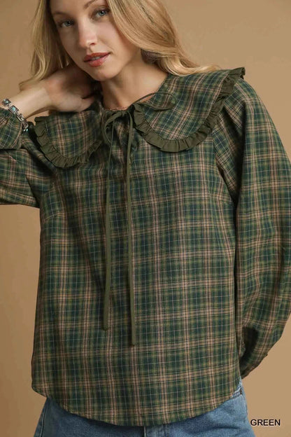 Umgee Full Size Plaid Ruffle Collar Blouse Plus Size