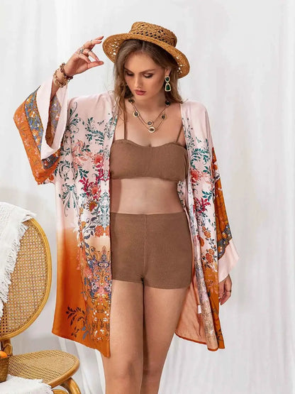 Plus Size Tied Open Front Printed Cover Up