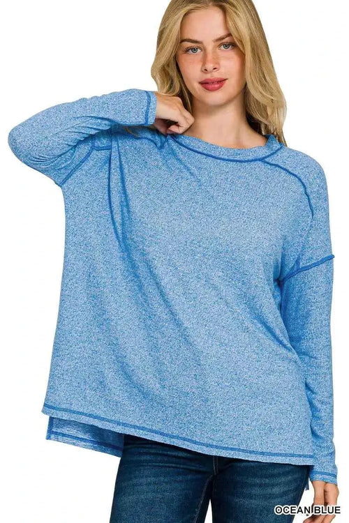 Zenana Full Size Melange Hacci Exposed Seam Hi-low Tee Plus Size