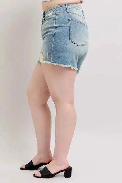 Judy Blue Plus Size High Rise Washed Fly Stitch Detail and Destroy Denim Shorts