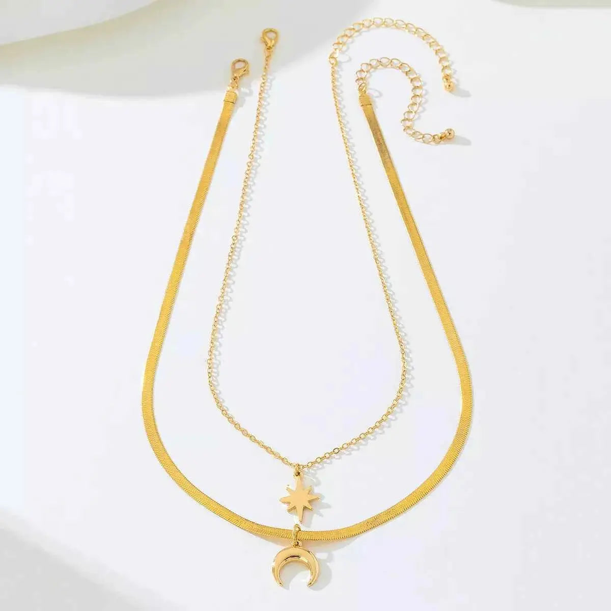 2 Piece 18K Gold-Plated Moon & Star Necklace