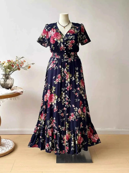 Plus Size Floral Print Short Sleeves V-Neck Dress