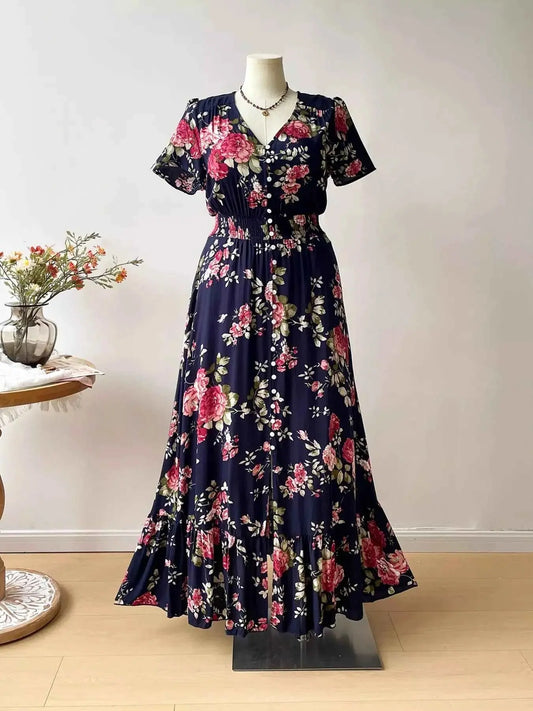 Plus Size Floral Print Short Sleeves V-Neck Dress