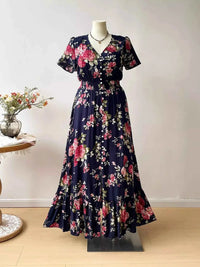 Plus Size Floral Print Short Sleeves V-Neck Dress