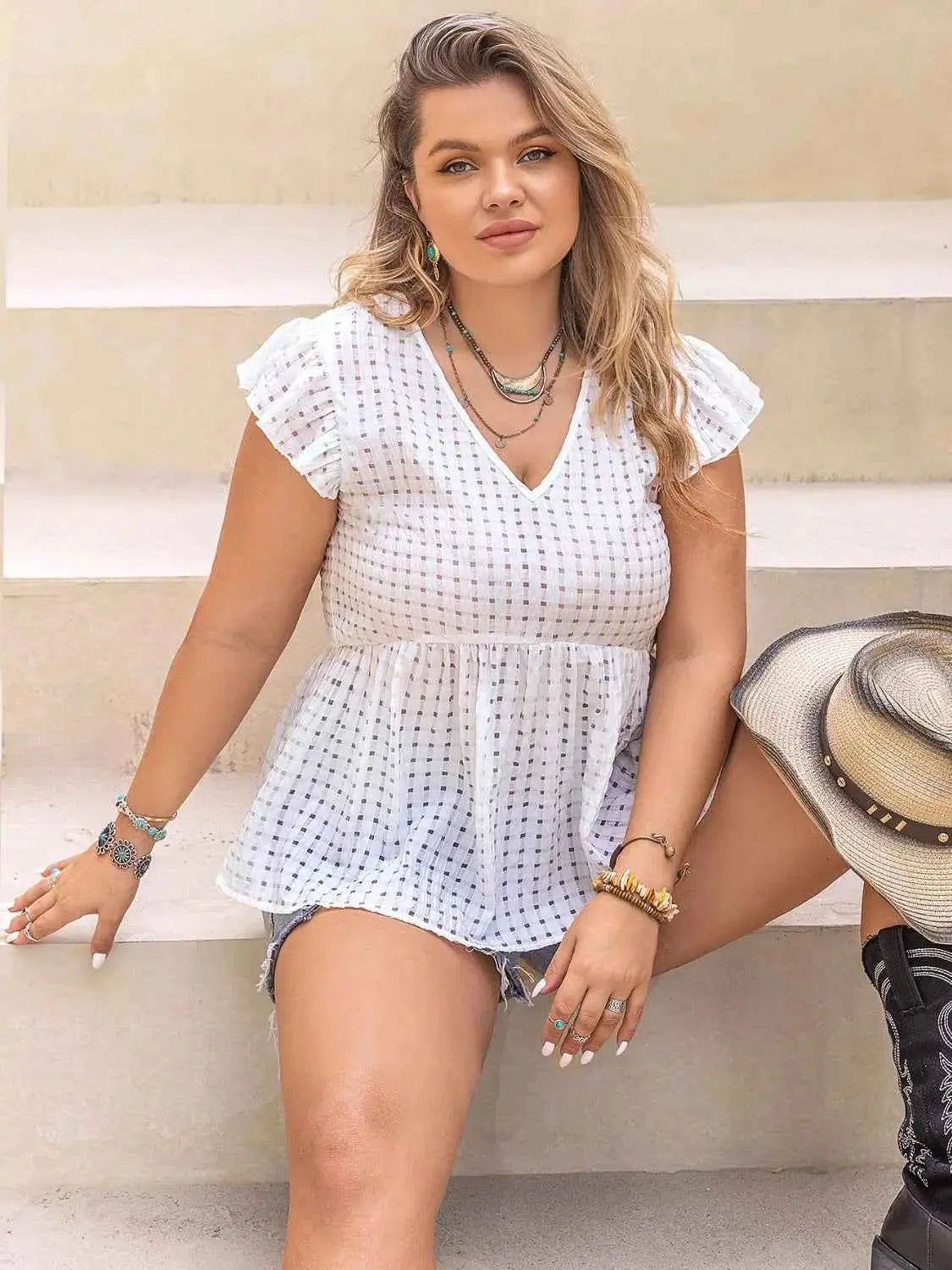 Plus Size V-Neck Cap Sleeve Blouse