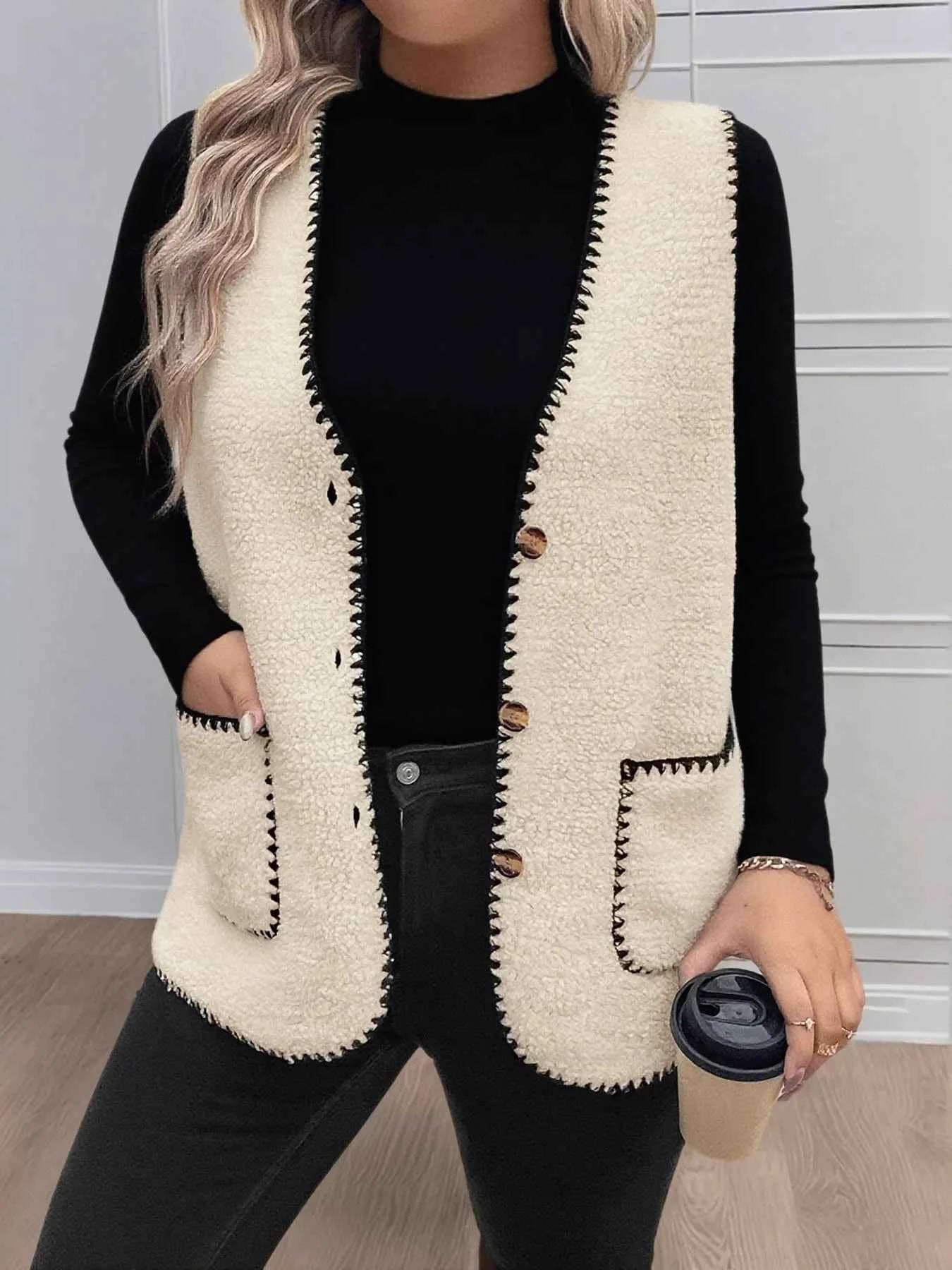 Plus Size Contrast Trim Button Up Vest Coat