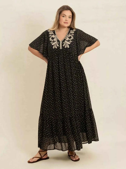 Plus Size Printed V-Neck Flutter Sleeve Maxi Dress
