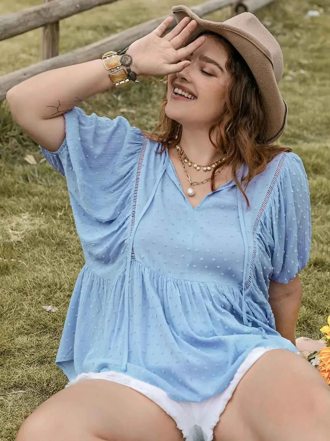 Plus Size Swiss Dot Tie Neck Short Sleeve Blouse