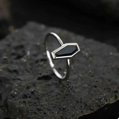 925 Sterling Silver Black Agate Geometric Ring